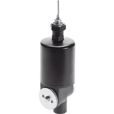 A black, cylindrical valve with a protruding needle and a side connection. Used for controlling the flow of liquids or gases.