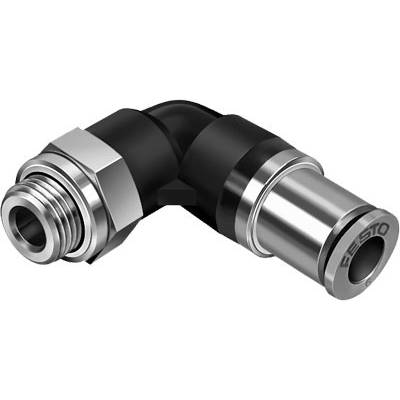 Metal connector at a 90-degree angle with black plastic coating and threading. 'Festo' marking on the right side.