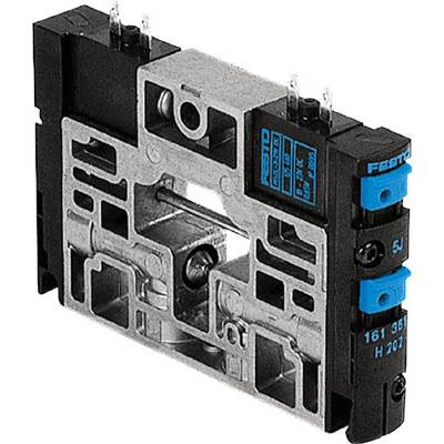 Pneumatic valve by Festo in black and silver, with blue buttons, model numbers and connection details visible.