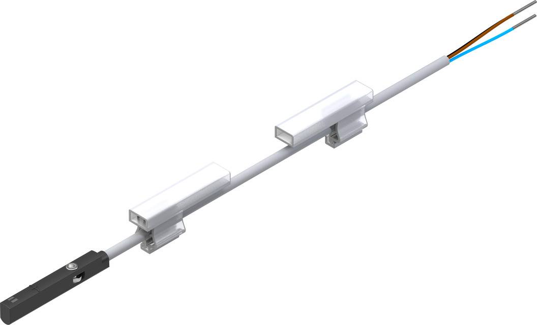 An electronic sensor probe with cables and two white mounting brackets, used for position measurement in automated systems.