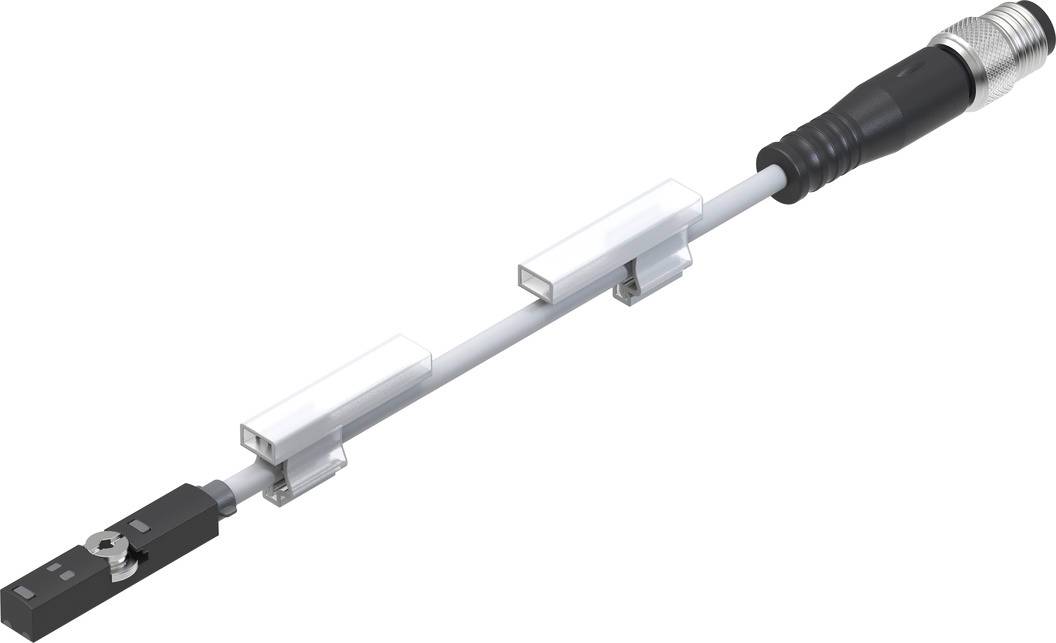A black cable with connectors at both ends. One side has a compact rectangular socket, the other a round plug.