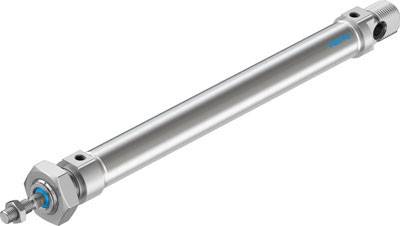 A cylindrical metal pneumatic cylinder with blue seals, positioned horizontally.