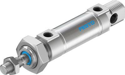A silver pneumatic cylinder from Festo with a blue marking and connections at both ends.