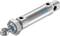 A metallic pneumatic cylinder from Festo, cylindrical in shape, with connections at both ends, silver in colour with blue accents.