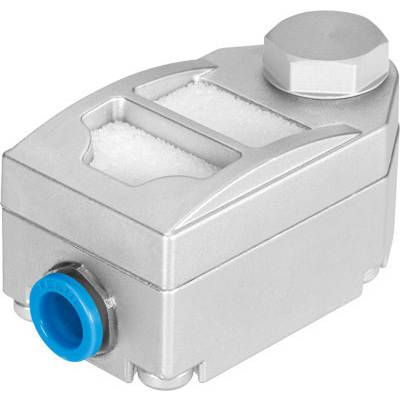 Metallic casing with a blue connector and viewing window, filled with white material, potentially an industrial sensor or terminal block.