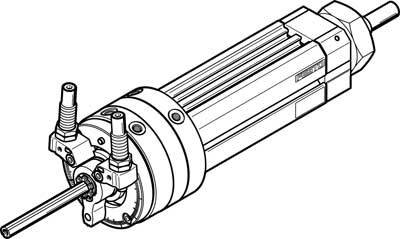 Technical drawing of a hydraulic cylinder with rod guidance. Detailed representation of components and connecting elements.