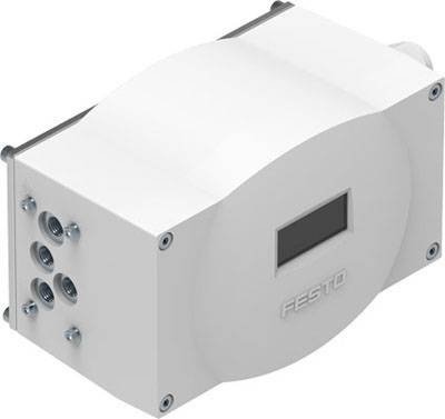 The sensor in a white housing bears the 'Festo' logo. It has a digitally readable display and multiple connection openings.