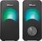 Two black Trust speakers, with illuminating blue-green LED lighting and a silver volume control.