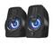 Two black speakers with blue LED lighting and volume control. Ideal for computers or multimedia applications.