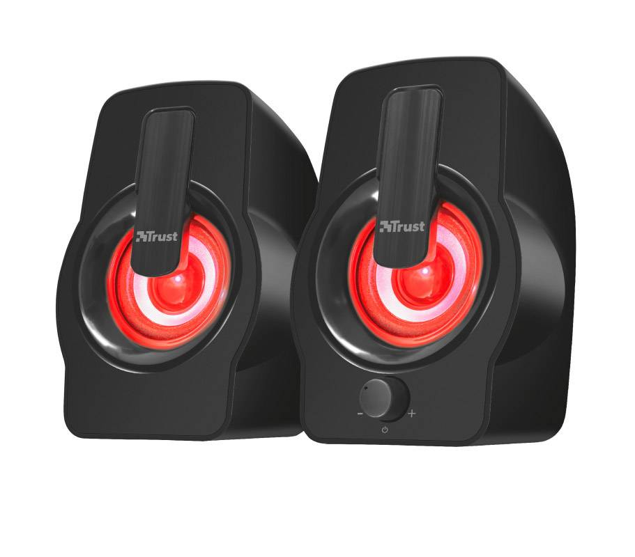 Black speakers with luminous red rings; volume control on the front panel.