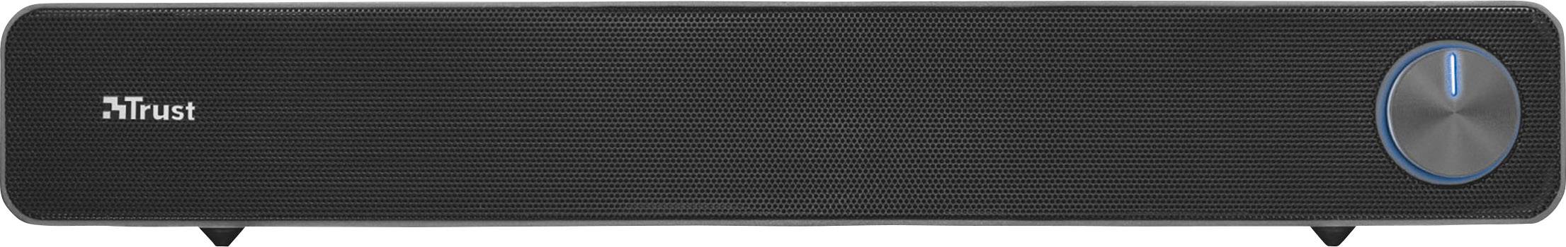 Black 'Trust' branded speaker with a large volume control on the right side.