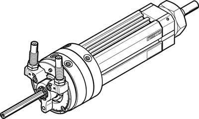 Technical drawing of a pneumatic cylinder, shown with connections and piston rod, to illustrate mechanical components.