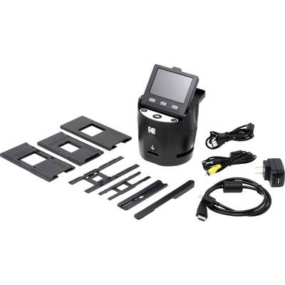 A film scanner with an LCD display, surrounded by various film holders, cables, and a power supply. Ideal for digitising films.