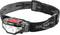 Head torch with black strap and red accent. The lamp has a white LED front light and is adjustable. Ideal for camping.
