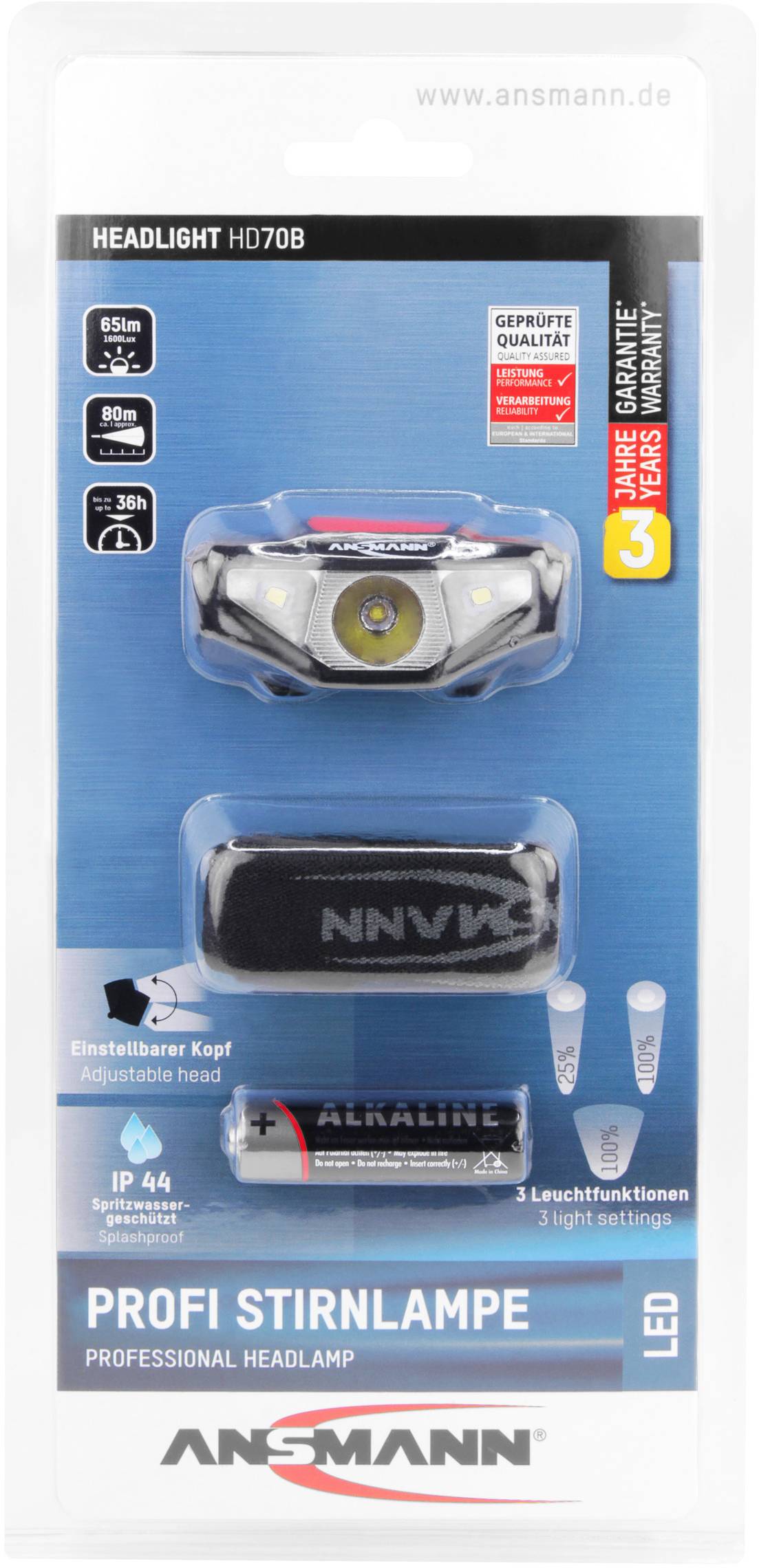 'ANSMANN Professional Head Torch HD70B' in packaging. Includes head torch, batteries, IP44 protection, 3 light modes. Suitable for outdoor use, adjustable head.