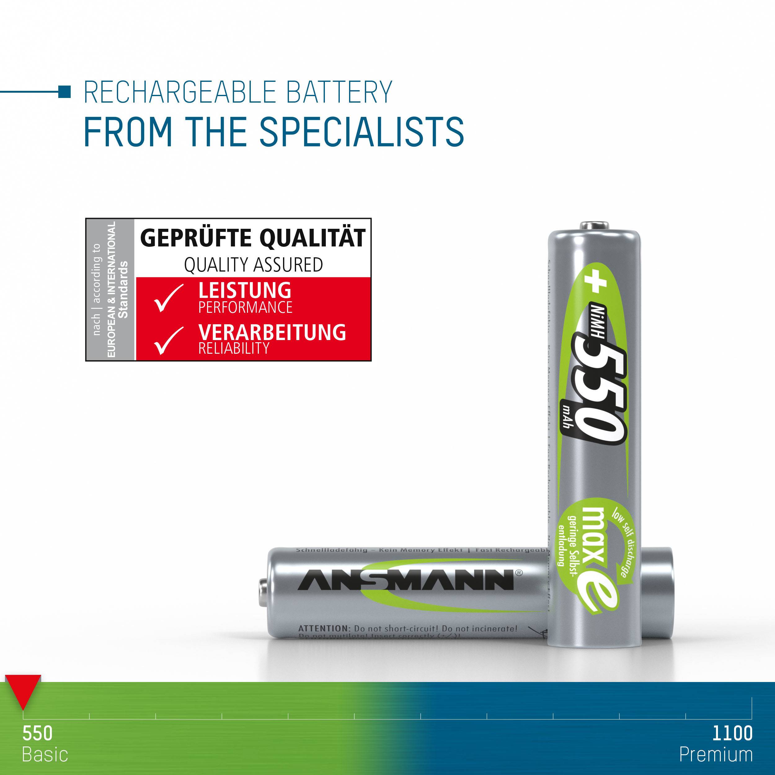 'Rechargeable Battery' and 'Quality Checked: Performance, Craftsmanship' are displayed. Two AA batteries side by side.