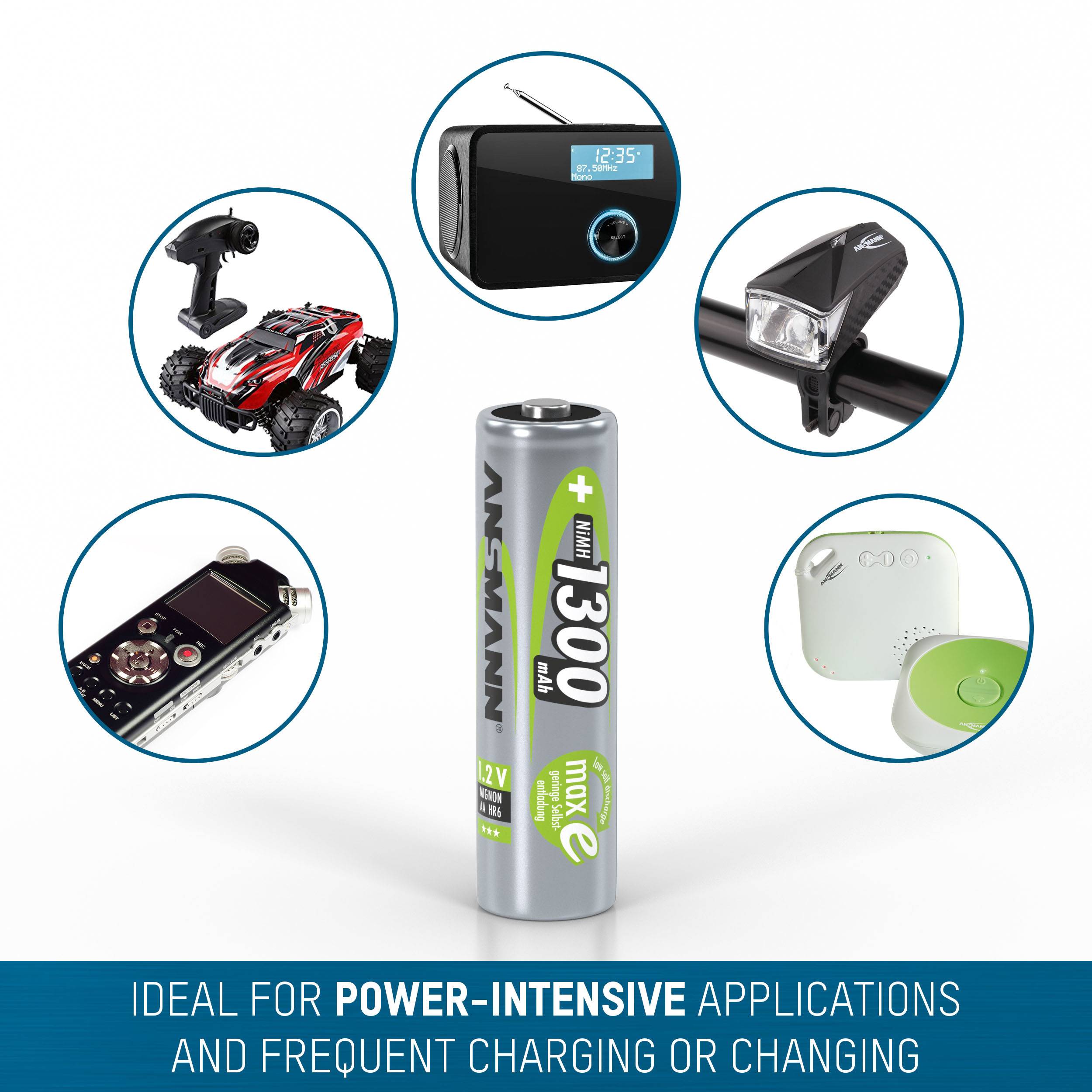 A battery with 1300 mAh capacity is surrounded by devices such as a toy car, camera, torch, alarm device. Suitable for power-intensive applications.