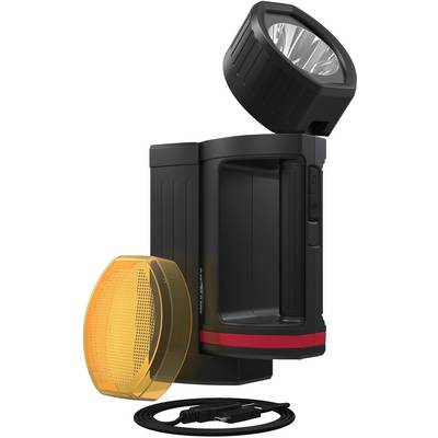The image shows a black and red torch with a detachable yellow filter and a USB charging cable.