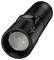 A black torch with a textured handle, large lens and side button, positioned at a slight angle.
