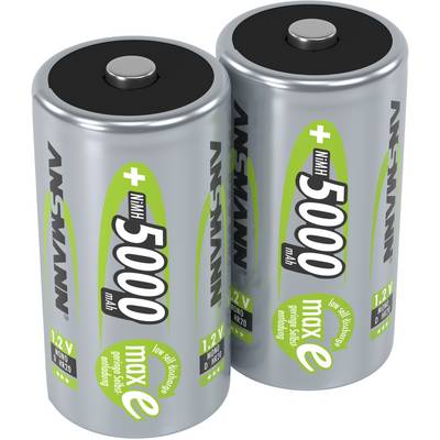 Two silver AA batteries with a green label, capacity 5000 mAh, by Ansmann, standing upright with positive and negative terminals visible.