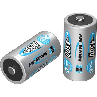 Two Ansmann batteries, model 4500 mAh, standing upright and lying down, with blue labelling and indicated at 1.2 volts.