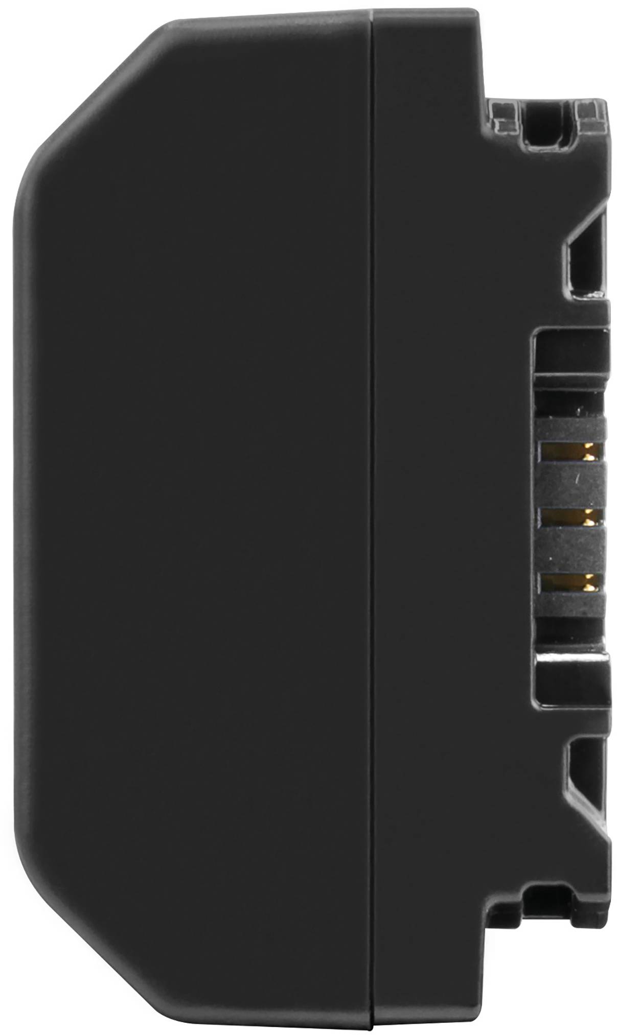 Black, rectangular battery with visible metal contacts on the side; suitable for technical devices.