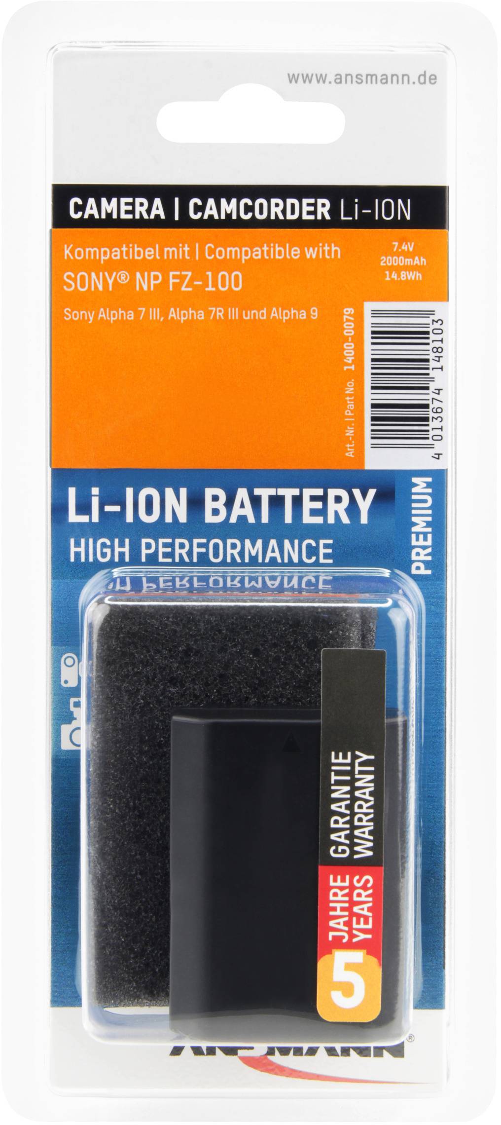 Camera/Camcorder Battery, Li-Ion, compatible with Sony NP FZ-100. On packaging: '3 Year Warranty'.