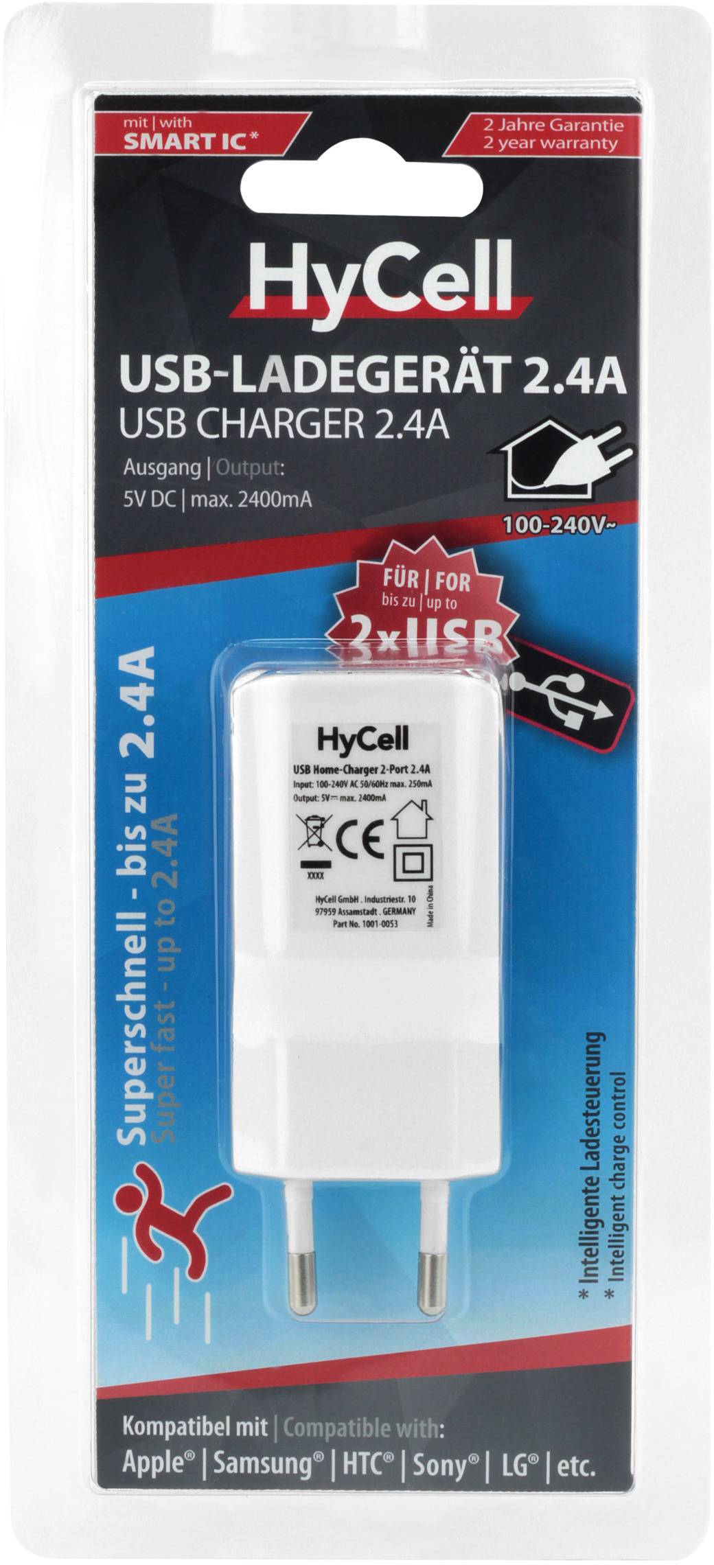 HyCell Home2.4A USB charger Mains socket Max. output current 2400 mA USB No. of outputs: 2 x-3