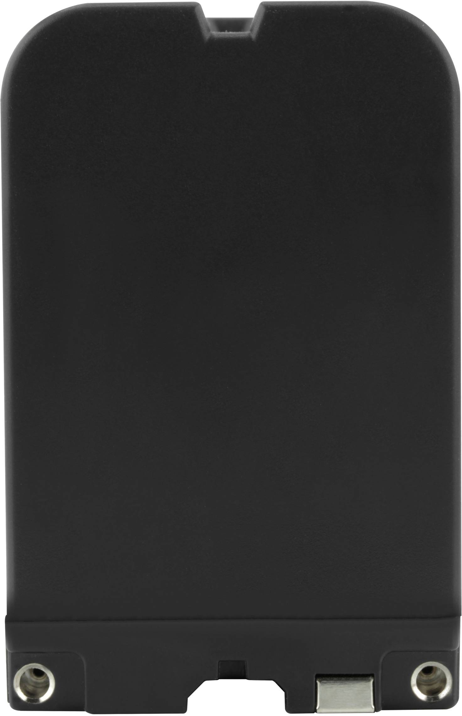 A black electronic component with two metal contacts and a small connection point at its base.