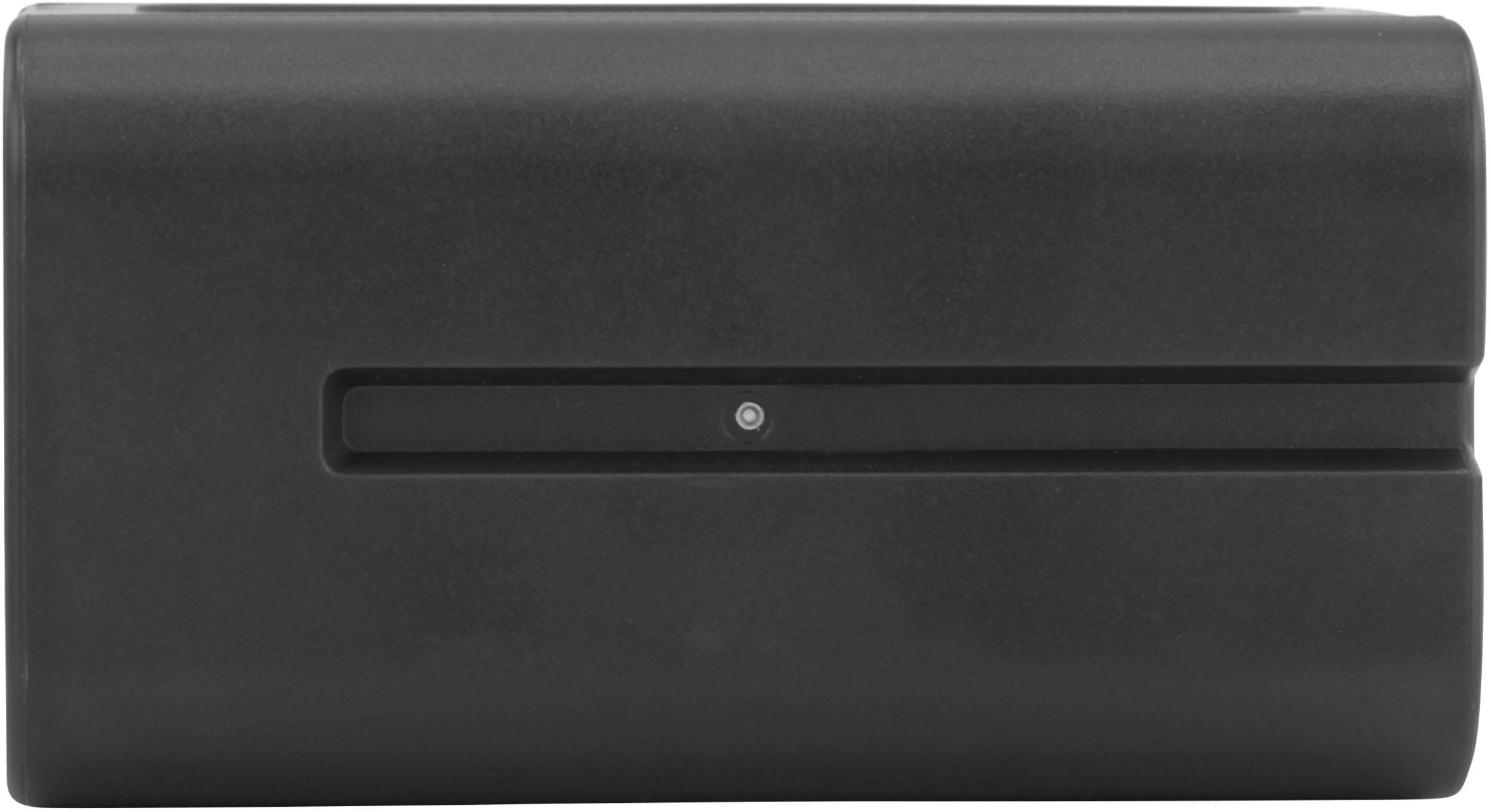 A black plastic casing with a central, elongated slot; possibly an electronic device or enclosure.