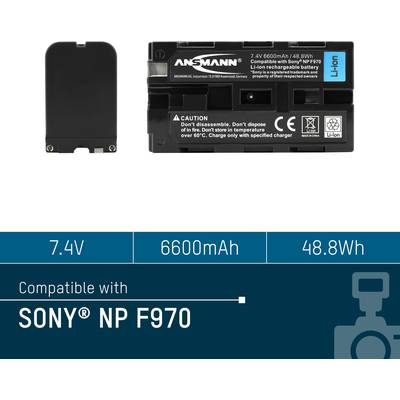 'An Ansmann Lithium-Ion Battery, 7.4V, 6600mAh, 48.8Wh, compatible with Sony NP-F970. Black design with blue Li-Ion labelling.'