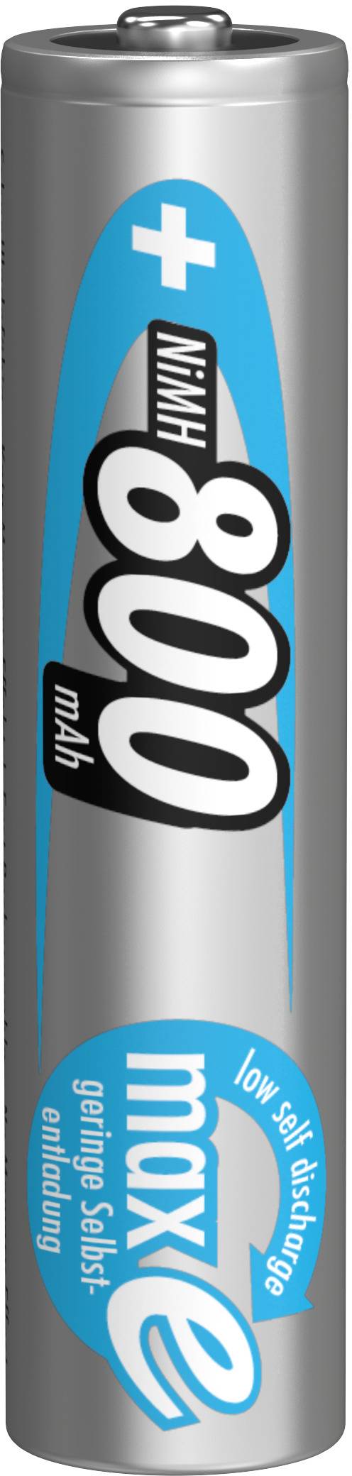 Silver battery with blue and white markings, capacity 800 mAh, brand maxE. Suitable for low-power devices.