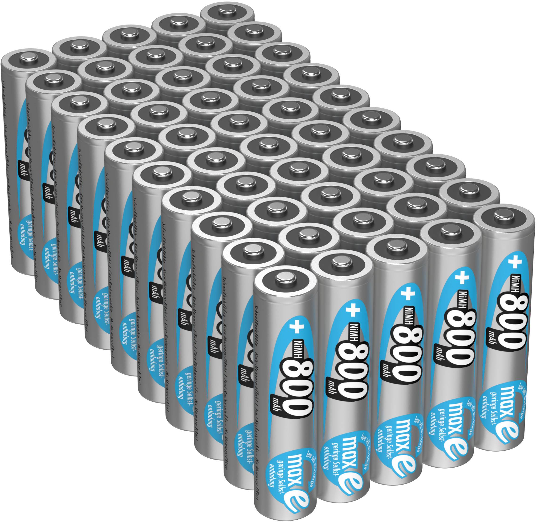 'Many silver AA batteries stacked in several rows, each with blue and black printing reading "maxe 800 mAh".'