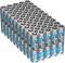 'Many silver AA batteries stacked in several rows, each with blue and black printing reading "maxe 800 mAh".'