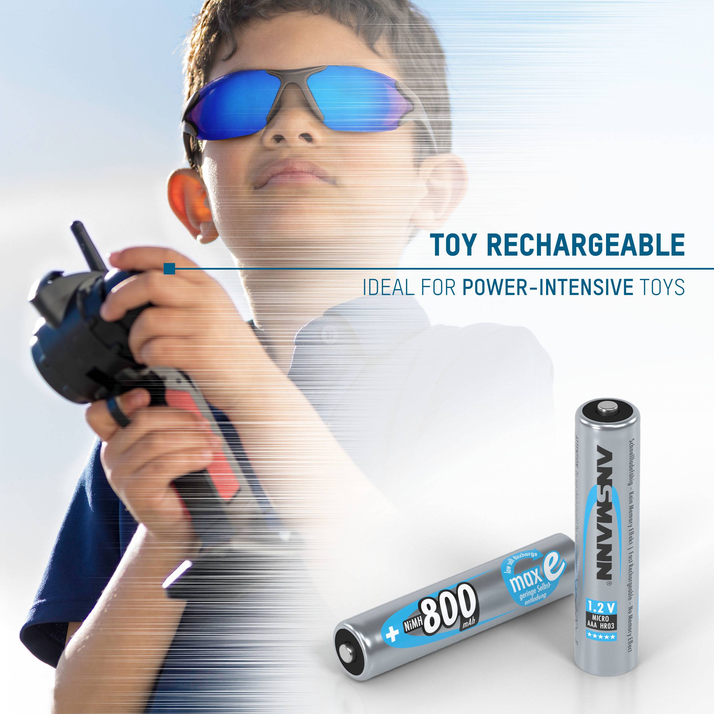 'Child controls remote-controlled toy. Billboard displays rechargeable battery for energy-intensive toys, AA NI-MH 1.2V model.'