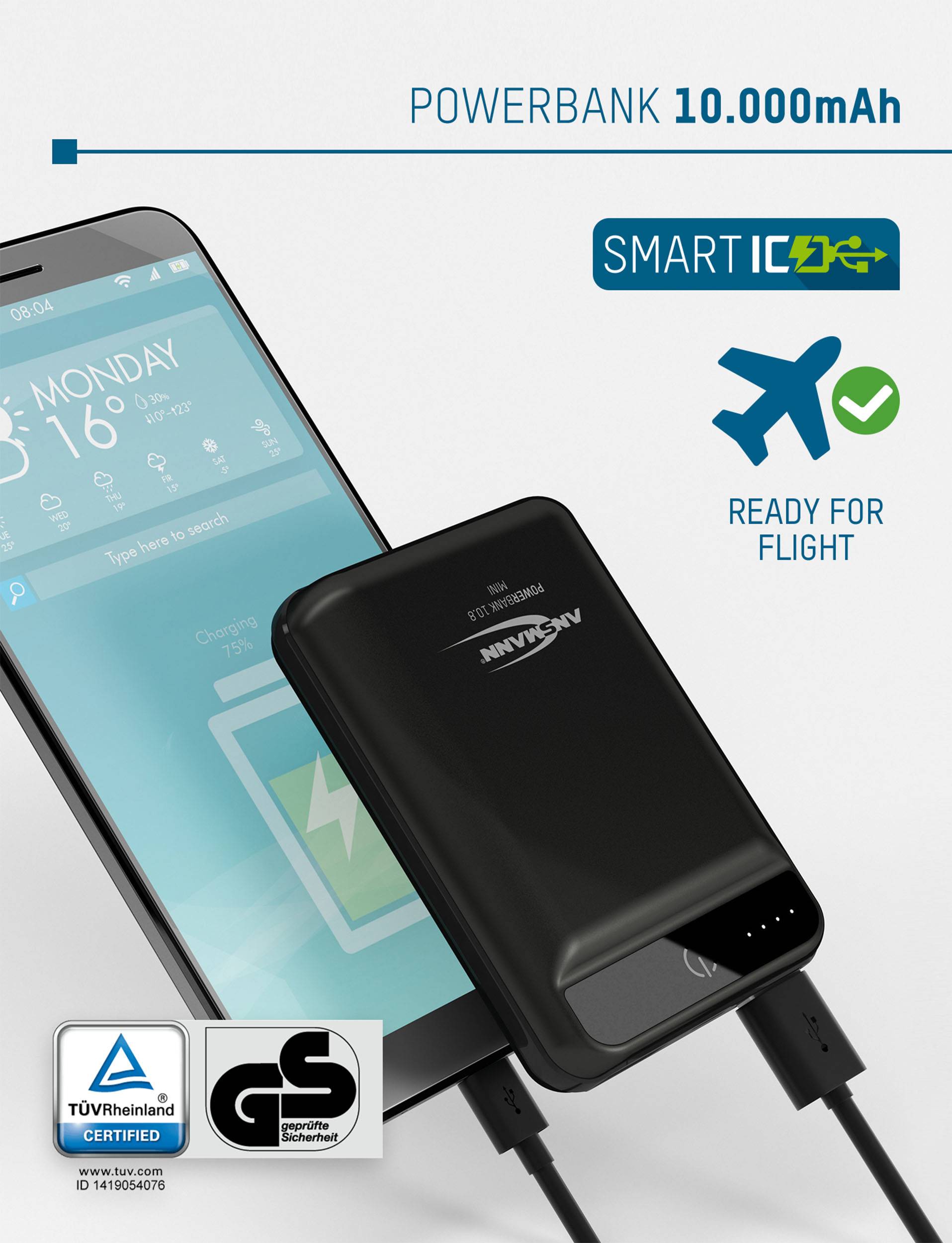 Portable power bank with 10,000 mAh capacity and Smart IC technology, suitable for air travel. TÜV Rheinland certified. Charges smartphone.