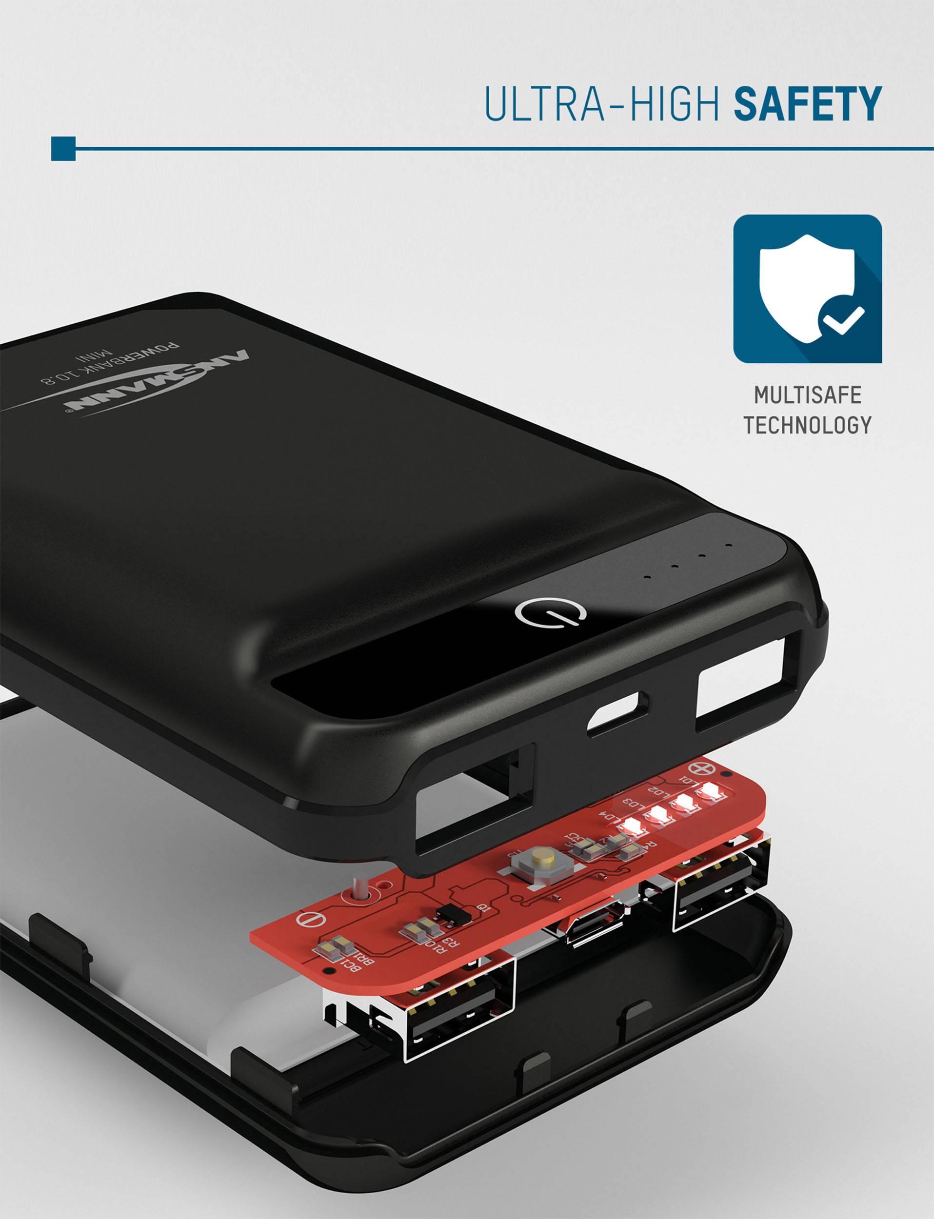 A black battery charger with its casing partially opened reveals the internal circuitry. Beside it reads 'Ultra-High Safety'.