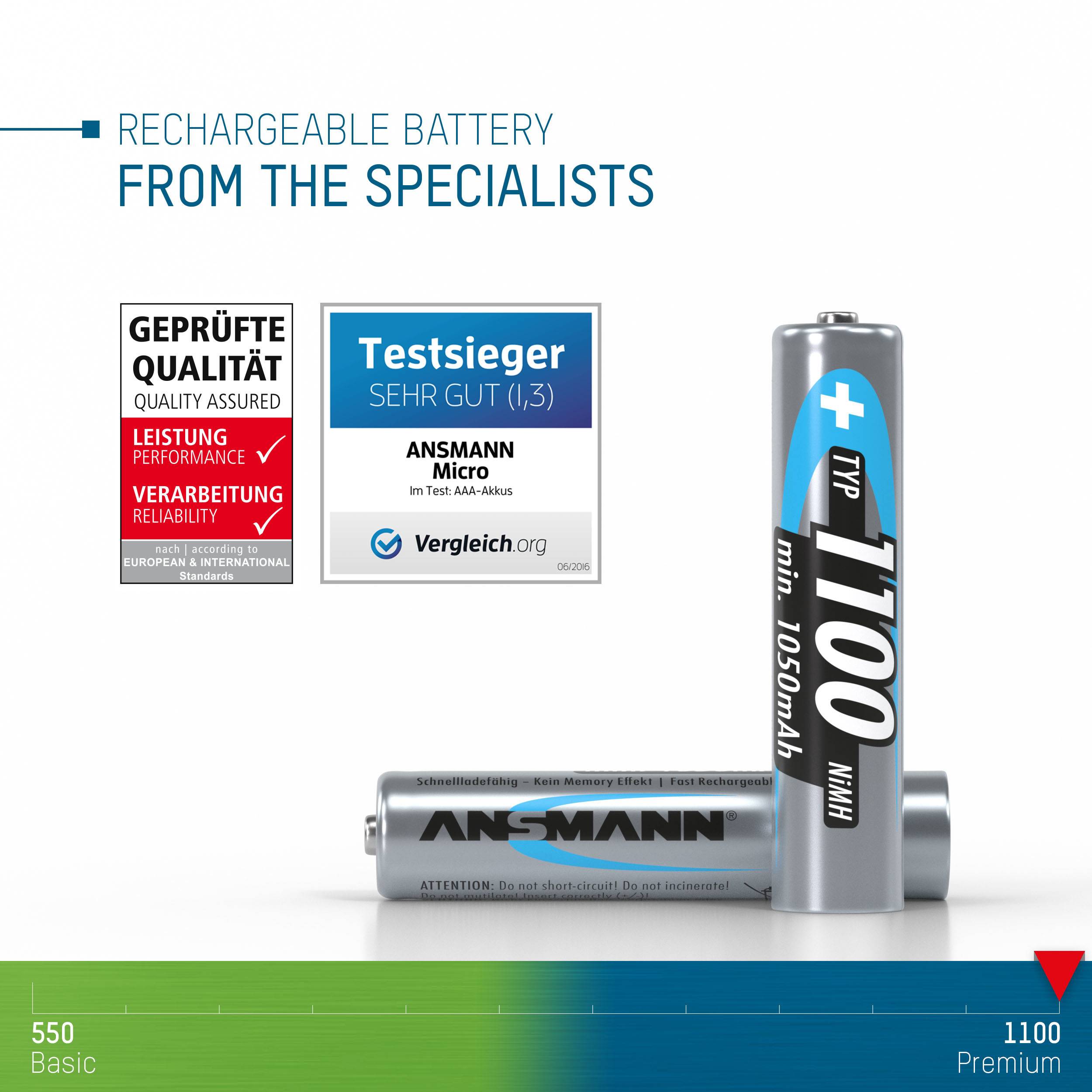 'Rechargeable Battery' in the foreground. Text shows: 'Test Winner Very Good (1.3)' and 'Verified Quality'. Focused on brand name and quality.