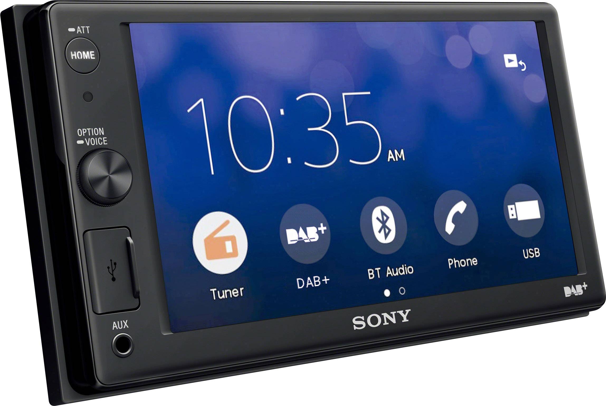 In-car multimedia system with touchscreen displays time as 10:35, with icons for radio tuner, DAB+, Bluetooth audio, telephone, and USB. Brand logo at the bottom.