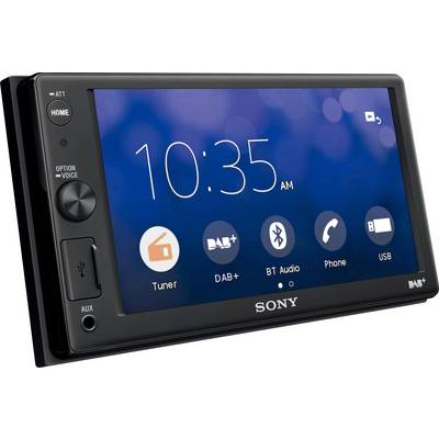 In-car multimedia system with touchscreen displays time as 10:35, with icons for radio tuner, DAB+, Bluetooth audio, telephone, and USB. Brand logo at the bottom.