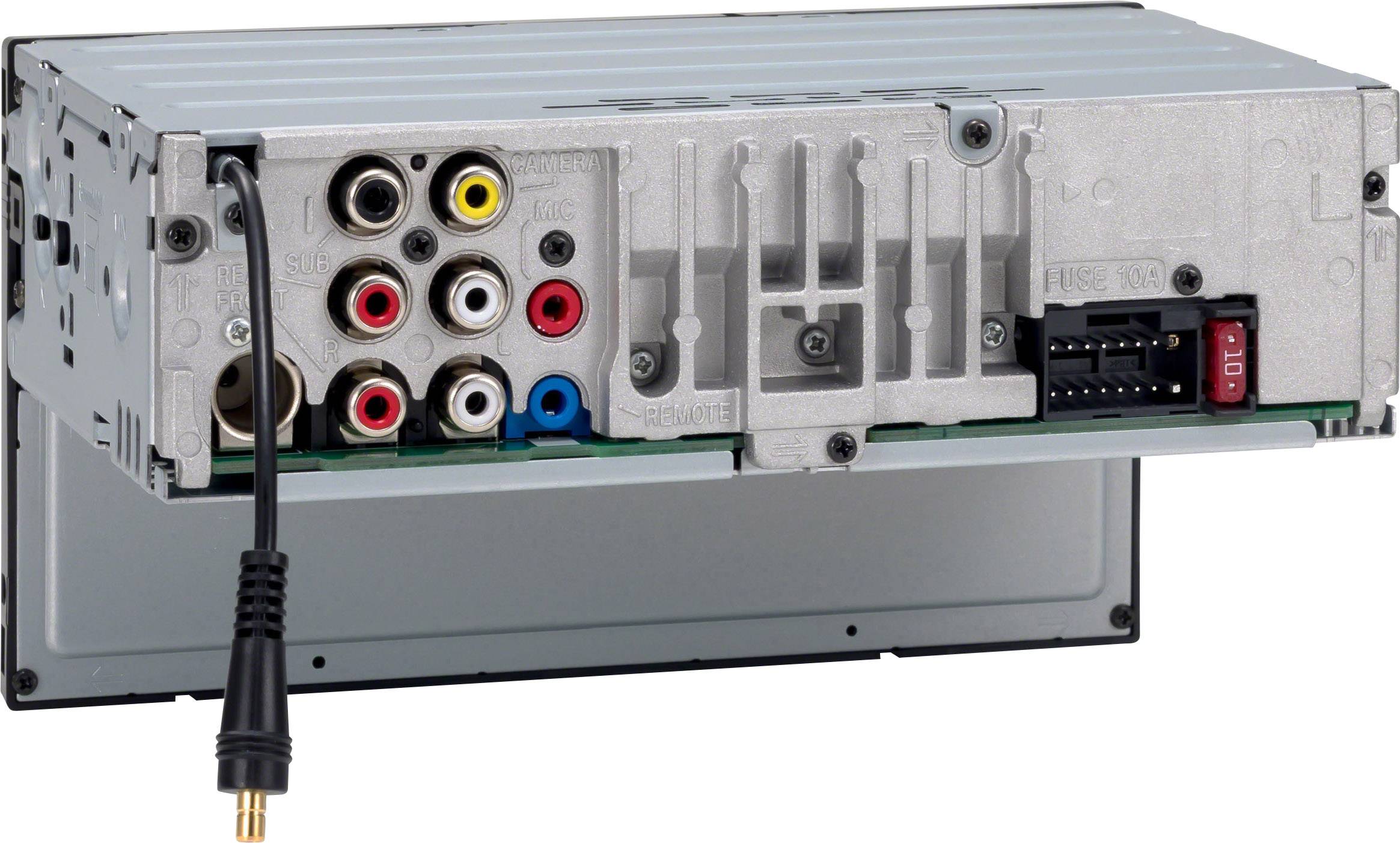 Back of a car radio with multiple socket ports for audio and video inputs, along with a power connection cable.