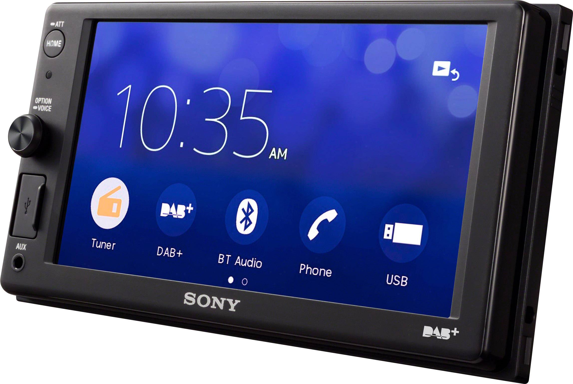 Car radio with touchscreen: Display shows time 10:35 and symbols for tuner, DAB+, BT Audio, telephone, USB. Brand: Sony.