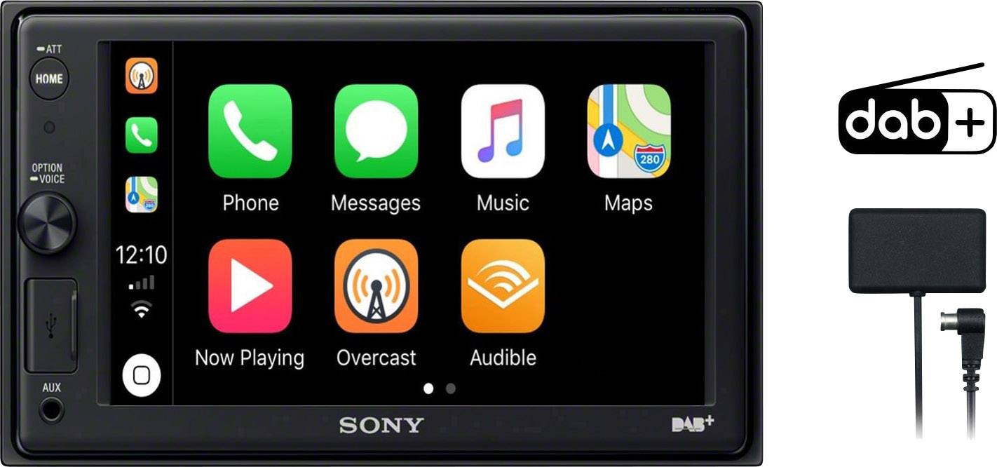 Car radio with touchscreen displaying apps such as 'Phone', 'Messages', 'Music' and 'Maps'. A DAB+ antenna image is shown to the right.