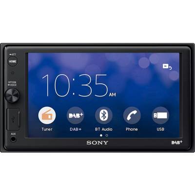 A car radio display shows the time 10:35 AM and app icons for Tuner, DAB+, Bluetooth Audio, Telephone and USB.