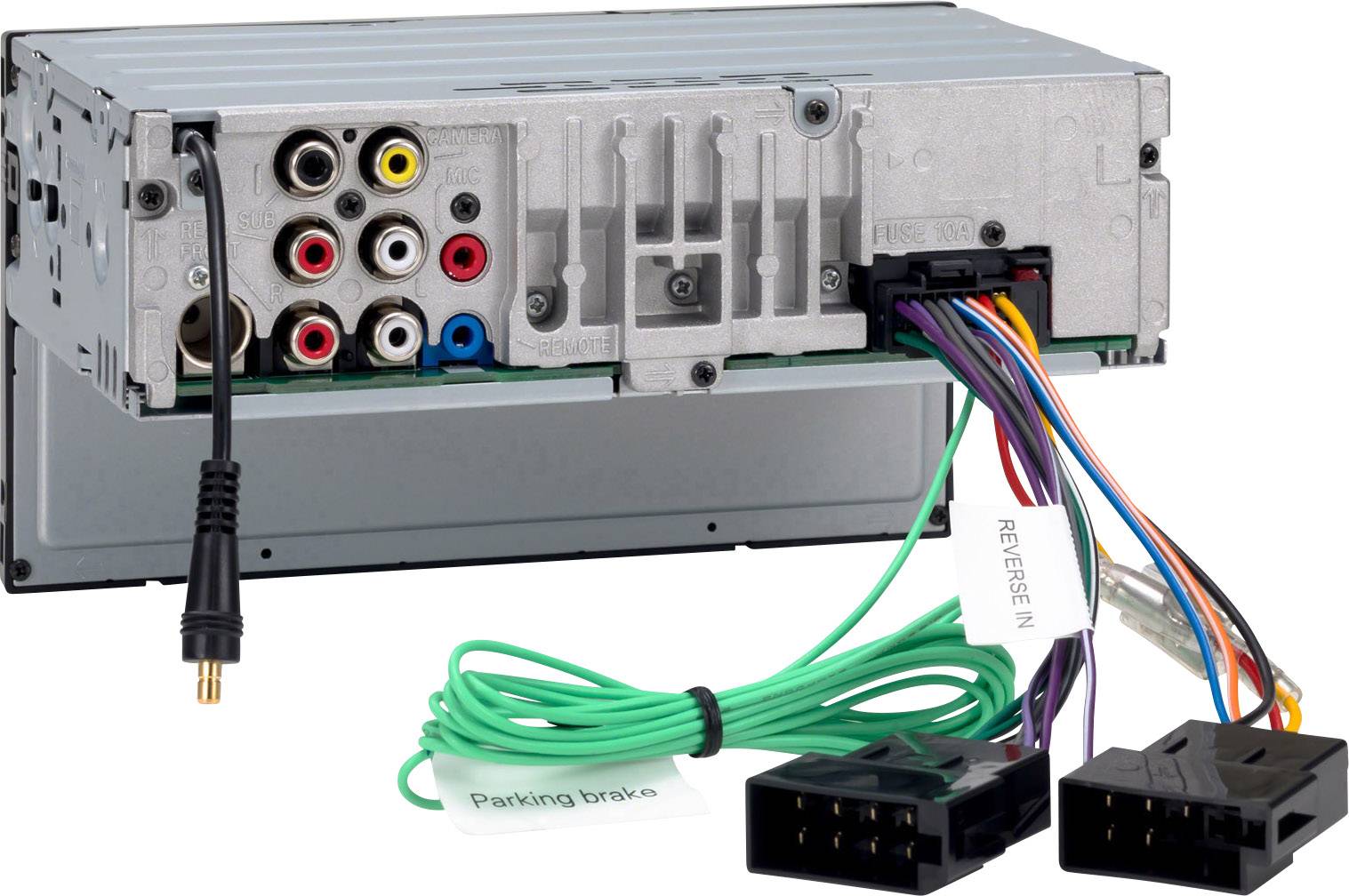 Back of a car radio with multiple audio and video sockets, featuring colour-coded cables and connections.