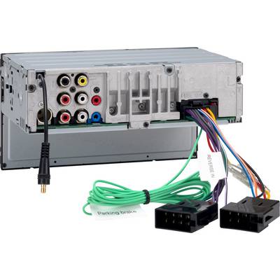 Back of a car radio with multiple audio and video sockets, featuring colour-coded cables and connections.