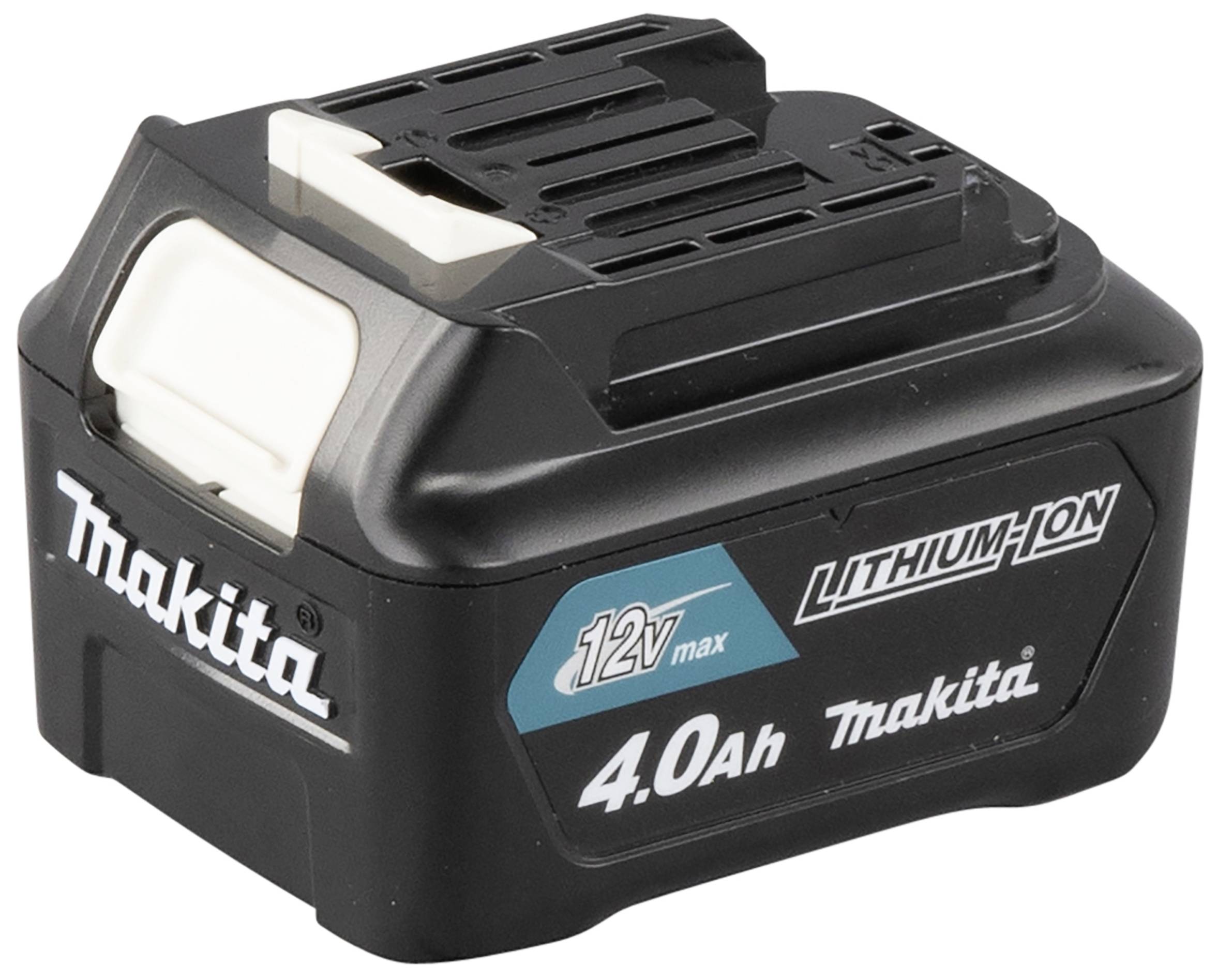 Lithium-ion battery, 12V max, 4.0Ah, 'Makita' brand, black casing with white and blue markings.