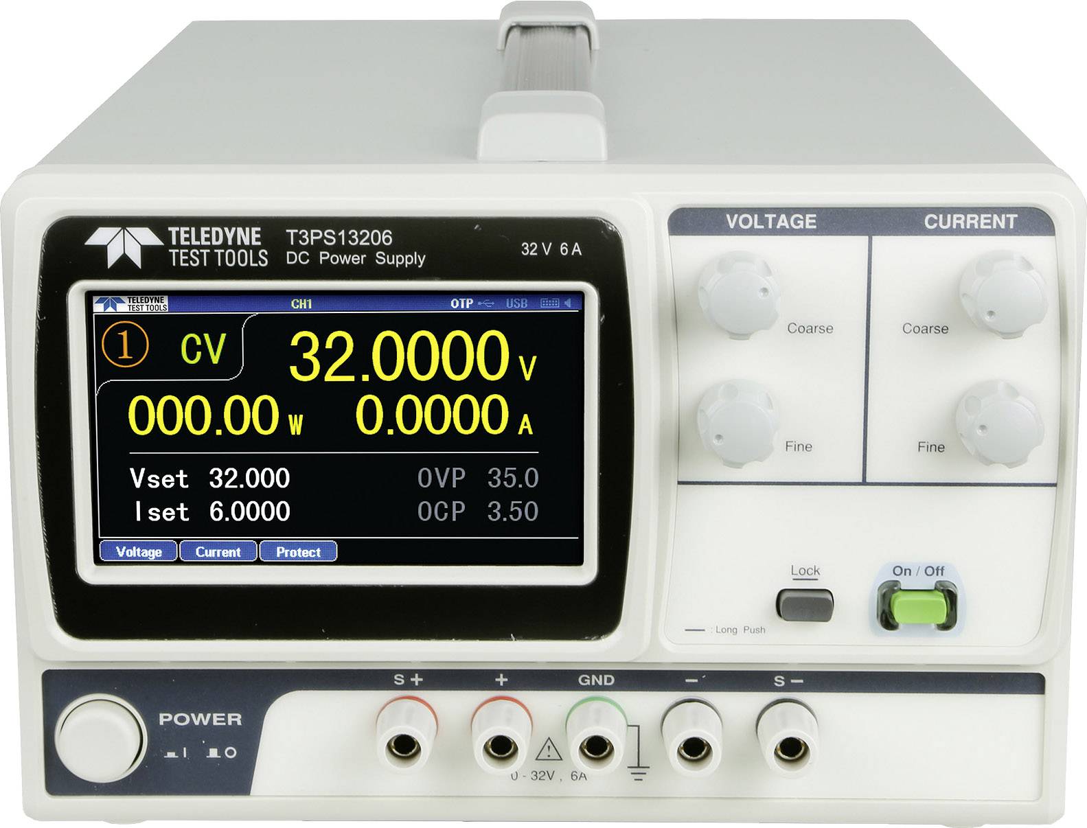 A digital network power supply display shows '32.000V, 0.000A'. Voltage and current regulators are located on the right.