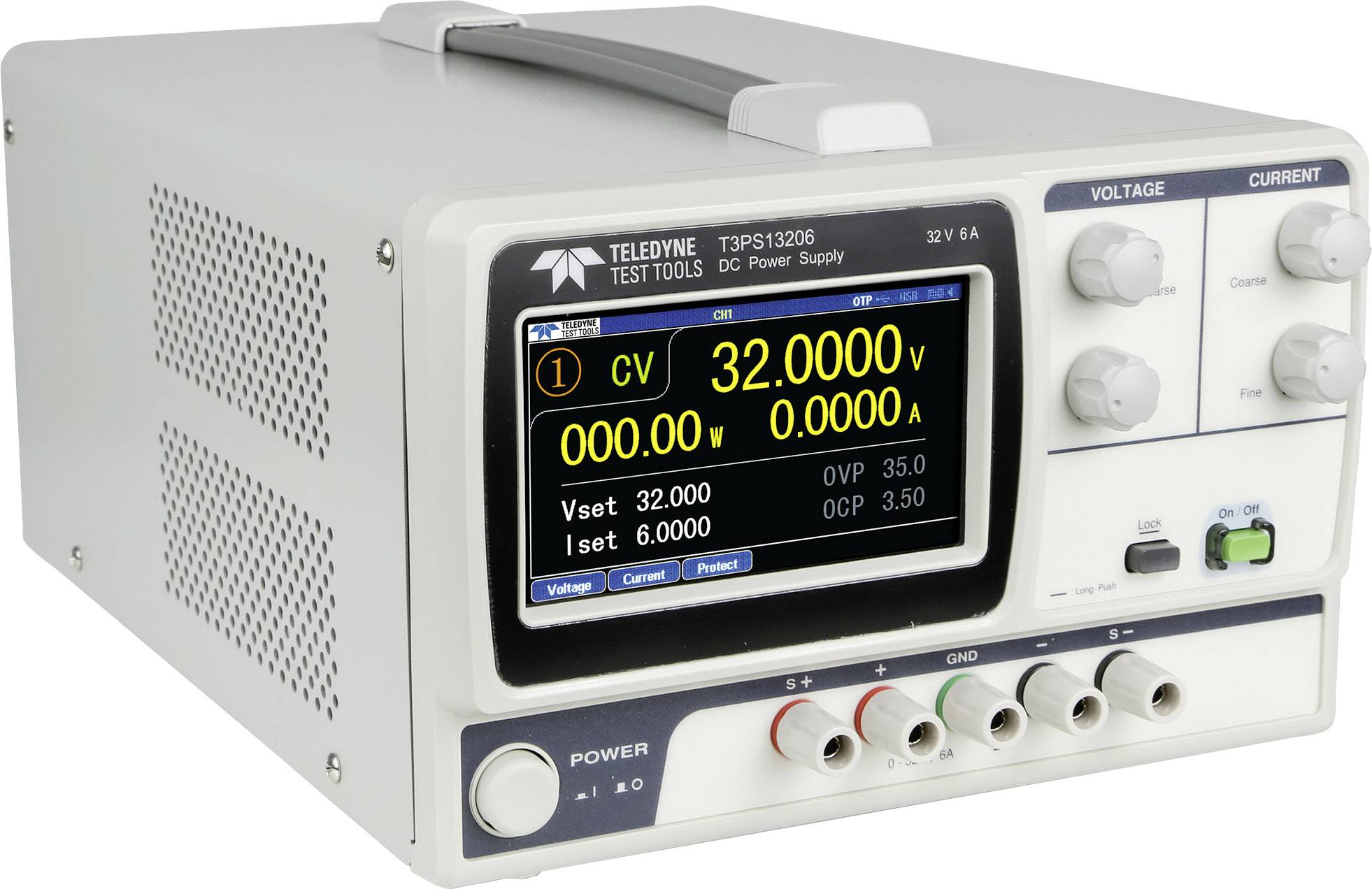 A digital laboratory power supply with rotary knobs and a display showing current and voltage: 32.0000V and 1.5000A.