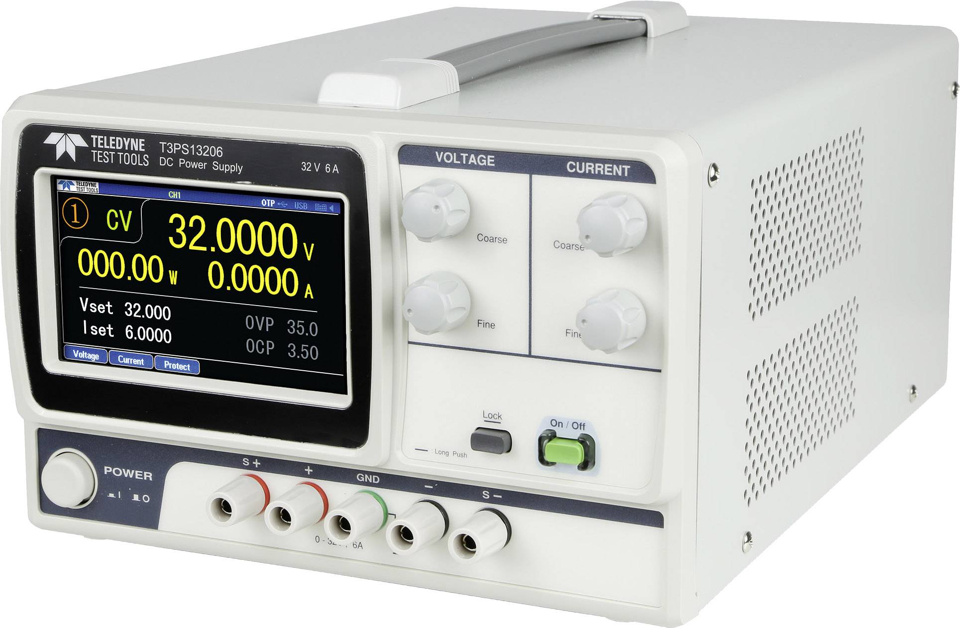 Electronic laboratory power supply with display showing 32.000 V and 0.000 A. Buttons for voltage and current. Suitable for precise power supply.